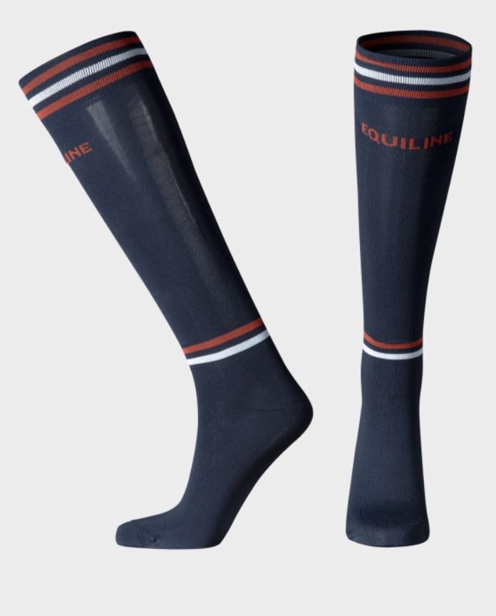 Calcetines de caña alta unisex azul ymarino y naranja con logo frontal - Equiline