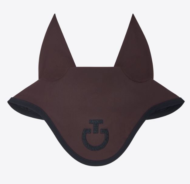 Chocolate brown noise-reducing ear bonnet with black embroidered logo on the front for horse - Cavalleria Toscana