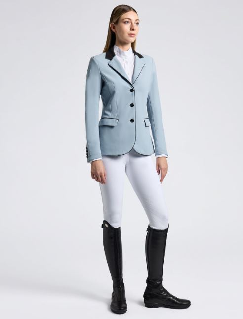 Light blue competition jacket in technical fabric with black Alcantara collar and contrasting trims for women - Cavalleria Toscana