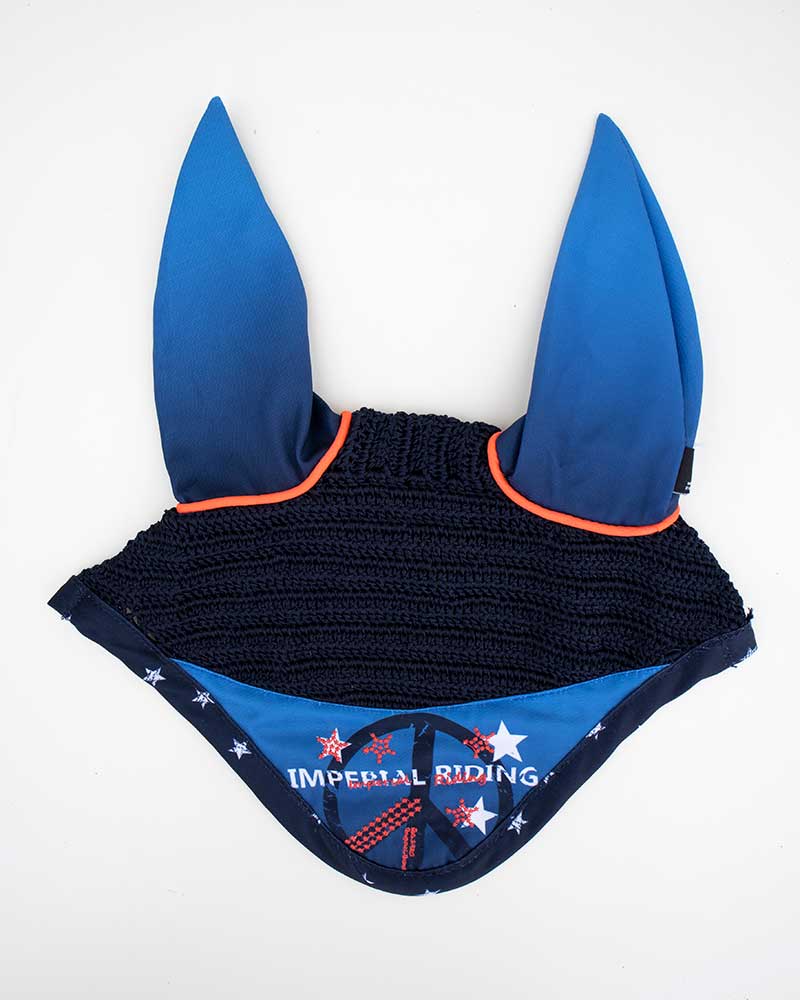 Navy blue crochet earmuffs with orange print and contrasts for horses - Imperial Riding