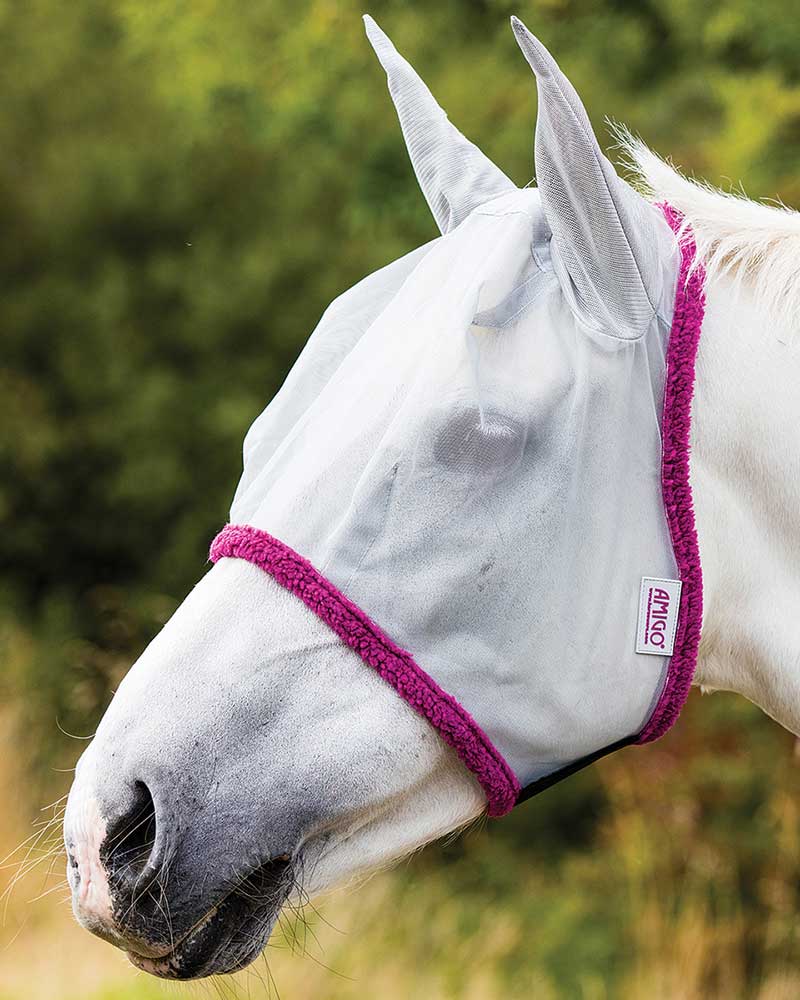 Lightweight Fly Mask with Silver Lycra Ears and Purple Fleece for Pony - AMIGO