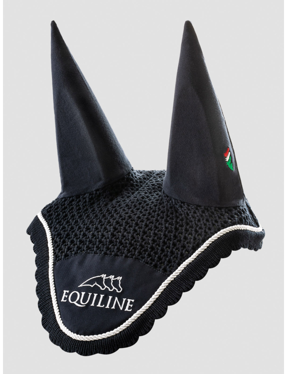 Navy blue crochet earmuffs with elastic ears and white cord for horse Outline - Equiline