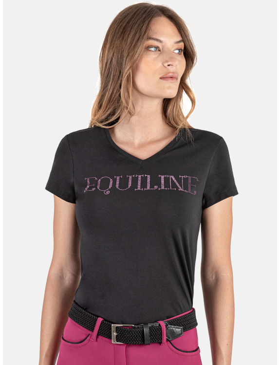 T-shirt à manches courtes noir à strass et el col en V pour femme Gigerg - Equiline