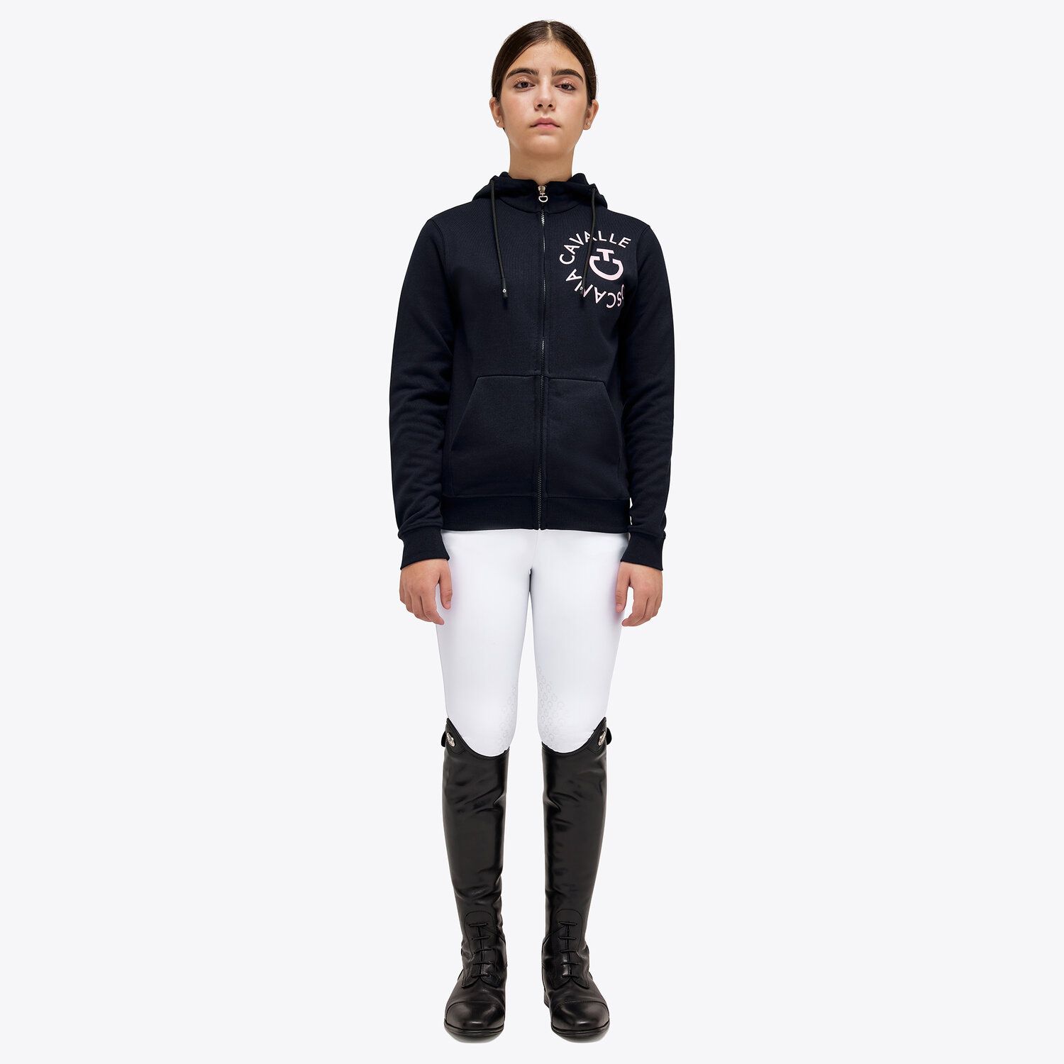 Veste bleu marine avec le grand logo en rose poudré, capuche et fermeture éclair, junior - Cavalleria Toscana