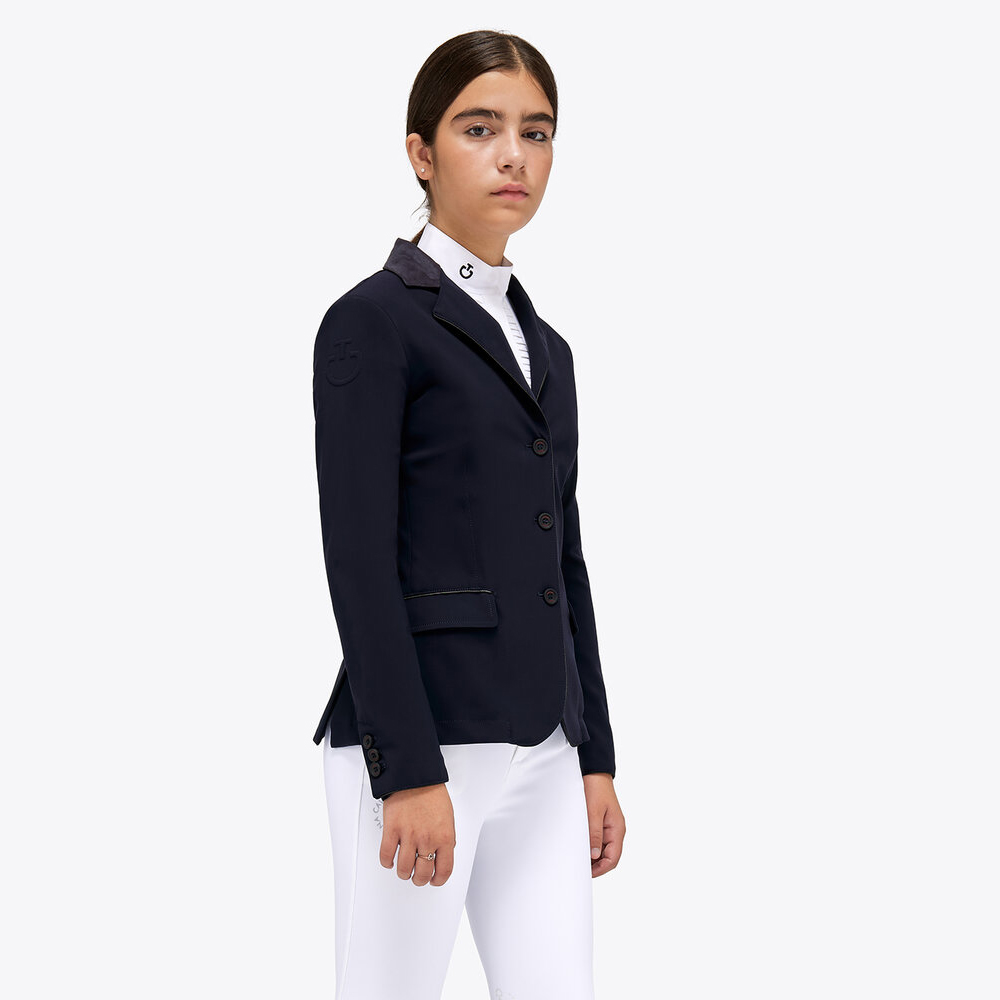 Chaqueta de concurso azul marino con cuello alcántara negro y ribetes en contraste para niña GP - Cavalleria Toscana