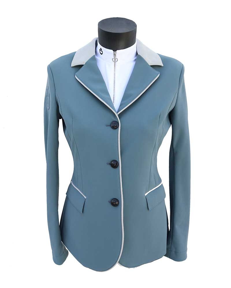 Veste de compétition bleu clair grisâtre avec col Alcantara et passepoils en bleue très clair pour femme - Cavalleria Toscana