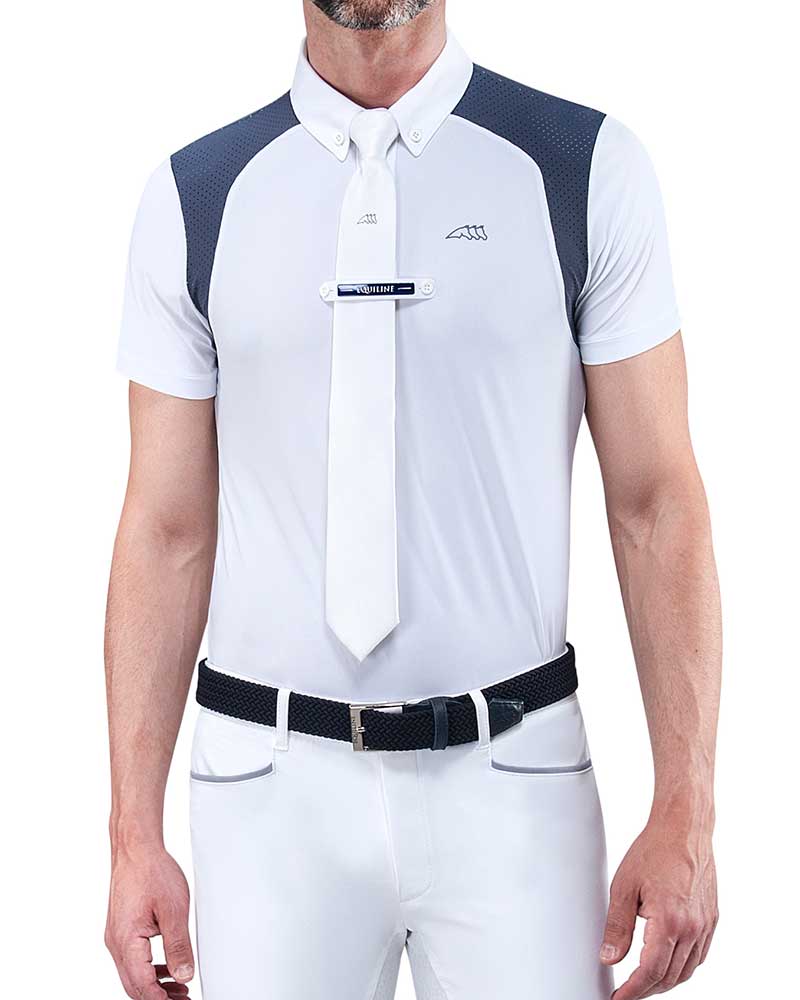 Polo fin de compétition à manches courtes blanc avec maille bleu grisâtre pour homme Elio - Equiline