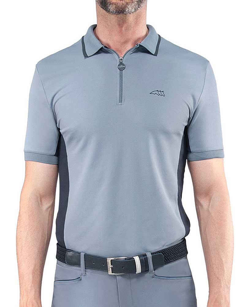 Men’s Short-Sleeve Training Polo in Grey-Blue Micro Mesh with Navy - Equiline