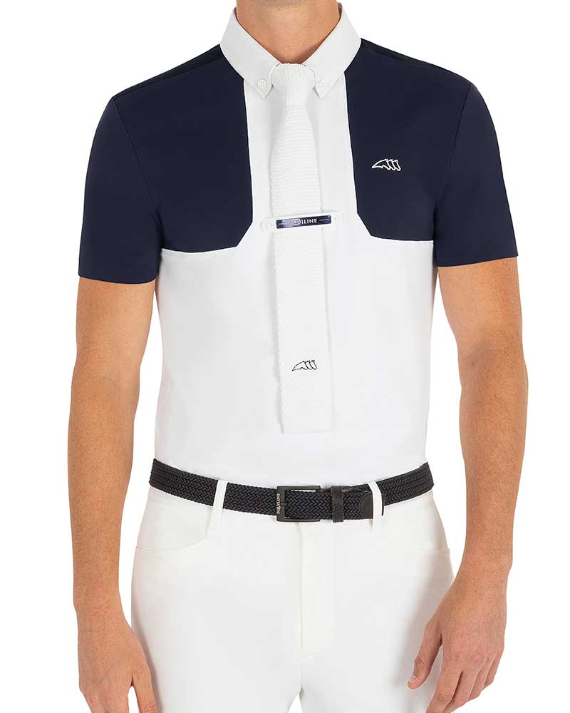 Polo de compétition à manches courtes bleu marine et blanc pour homme Clancyc - Equiline