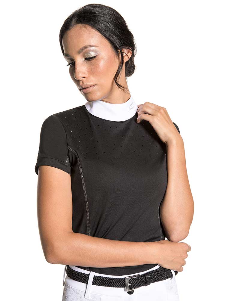 Short-sleeved black competition polo shirt with rhinestones for women Pitas - Equiline