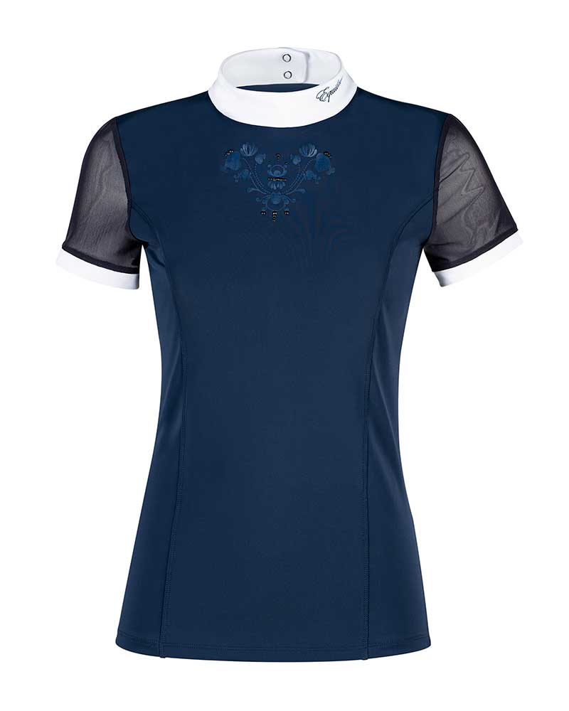 Polo de compétition à manches courtes bleu marine avec manches de maille pour femme Isabeli - Equiline