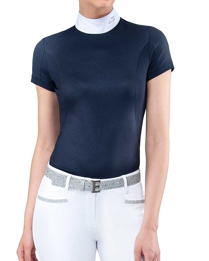 Navy blue short-sleeved competition polo shirt with shiny effect for women Greta - Equiline