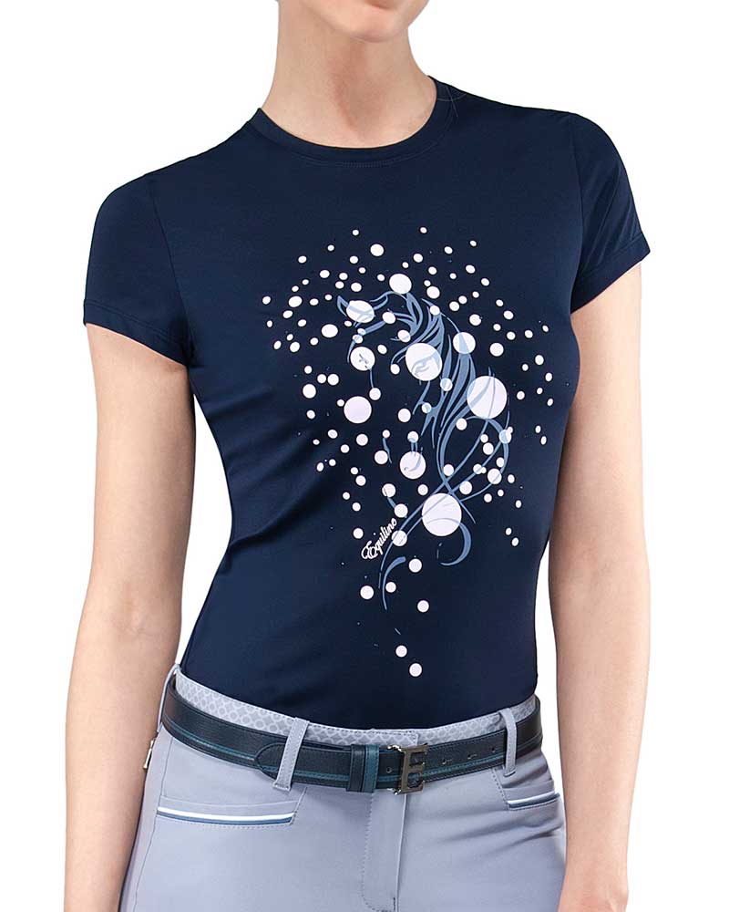 T-shirt d'entraînement à manches courtes bleu marine à strass pour femme Eulalia - Equiline