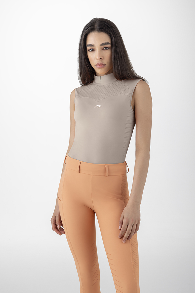 Sleeveless beige (Tortora) training polo with micro-perforated details Crevec - Equiline