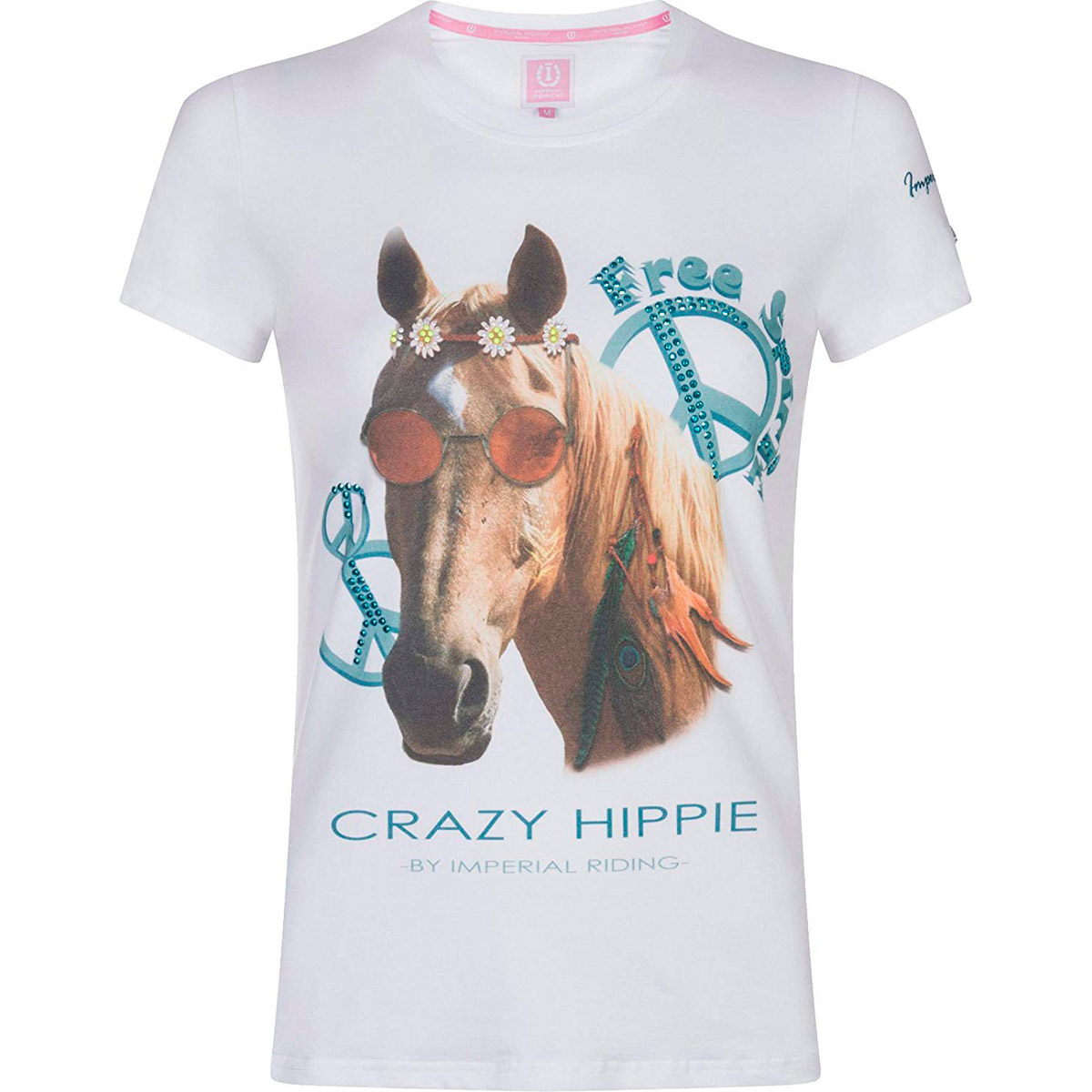 White T-shirt with hippie horse drawing and rhinestones on the front for girl – Hippie Horse model - Imperial Riding