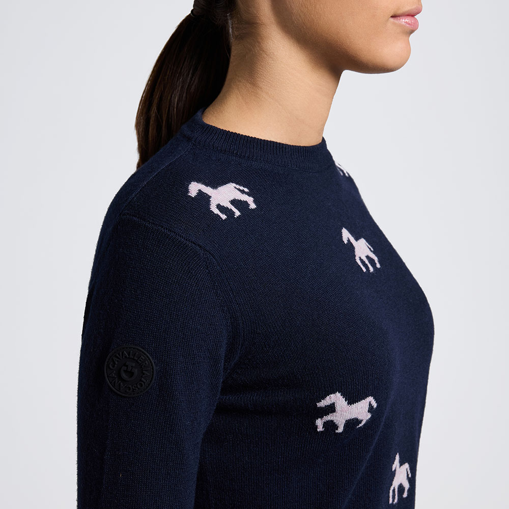 Pull col rond bleu marine avec imprimé de chevaux en rose pour fille - Cavalleria Toscana