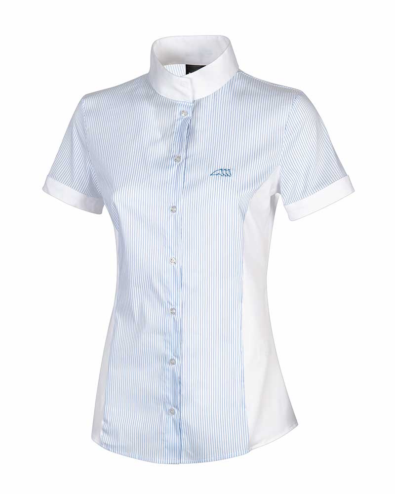 Chemise de compétition à manches courtes blanc à rayures verticales bleu clair pour femme Charlotte - Equiline