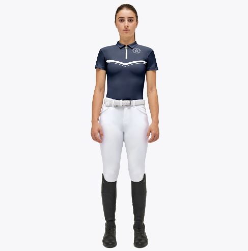 Training polo shirt with zipper and CT Orbit printed jersey short sleeve navy blue for girl - Cavalleria Toscana