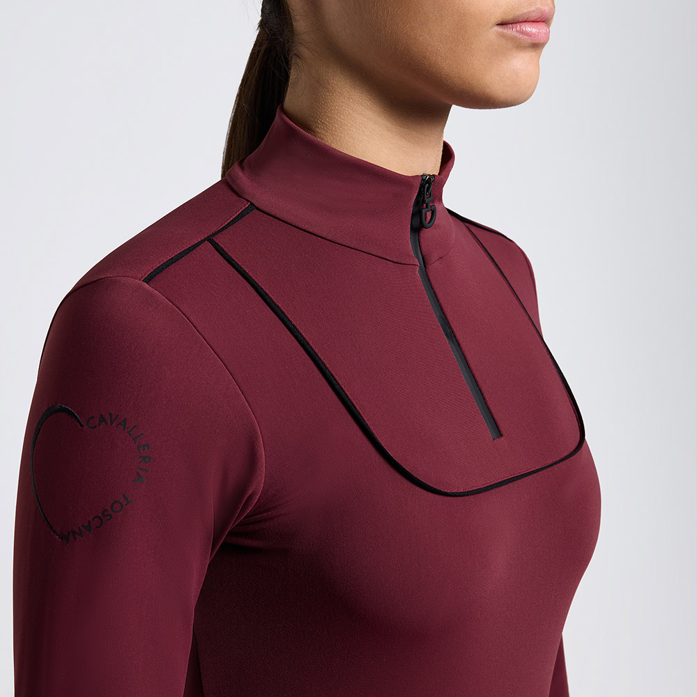 Girls’ burgundy long-sleeve technical training polo with contrast piping on chest and shoulders - Cavalleria Toscana