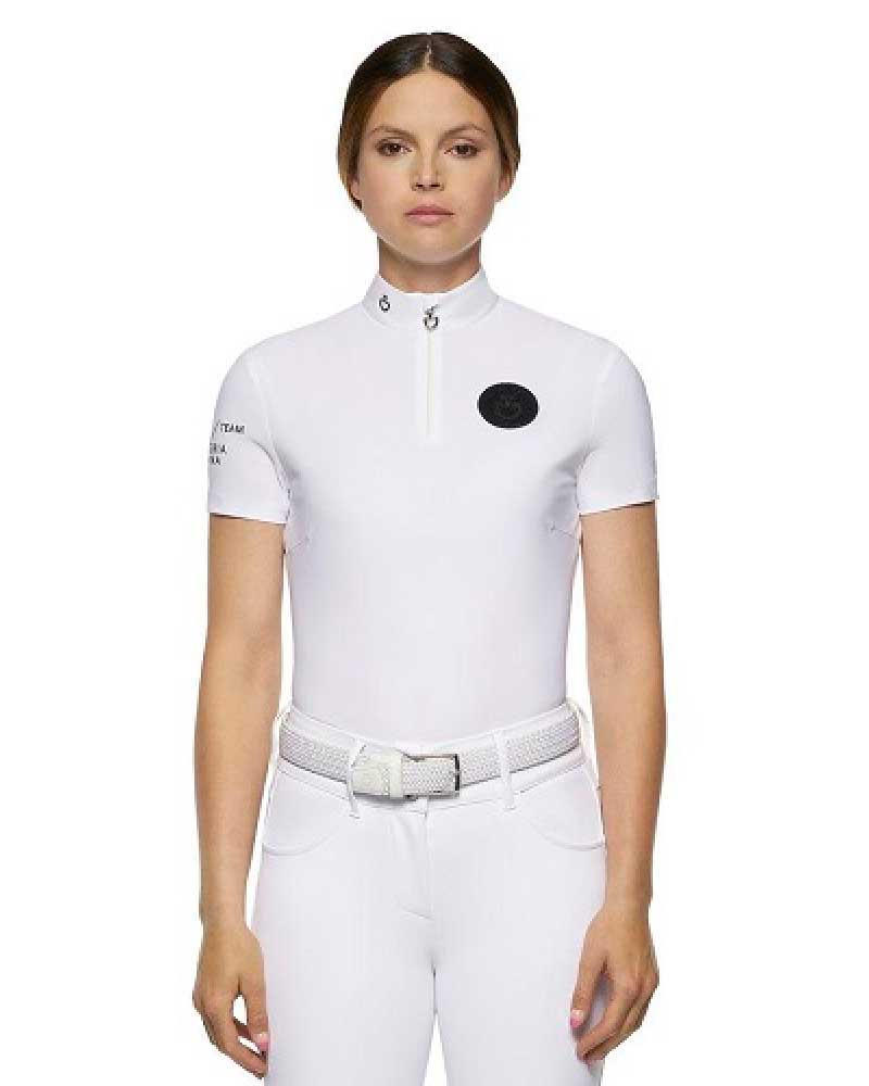 Polo de compétition à manches courtes blanc avec logos en noir pour femme Team - Cavalleria Toscana