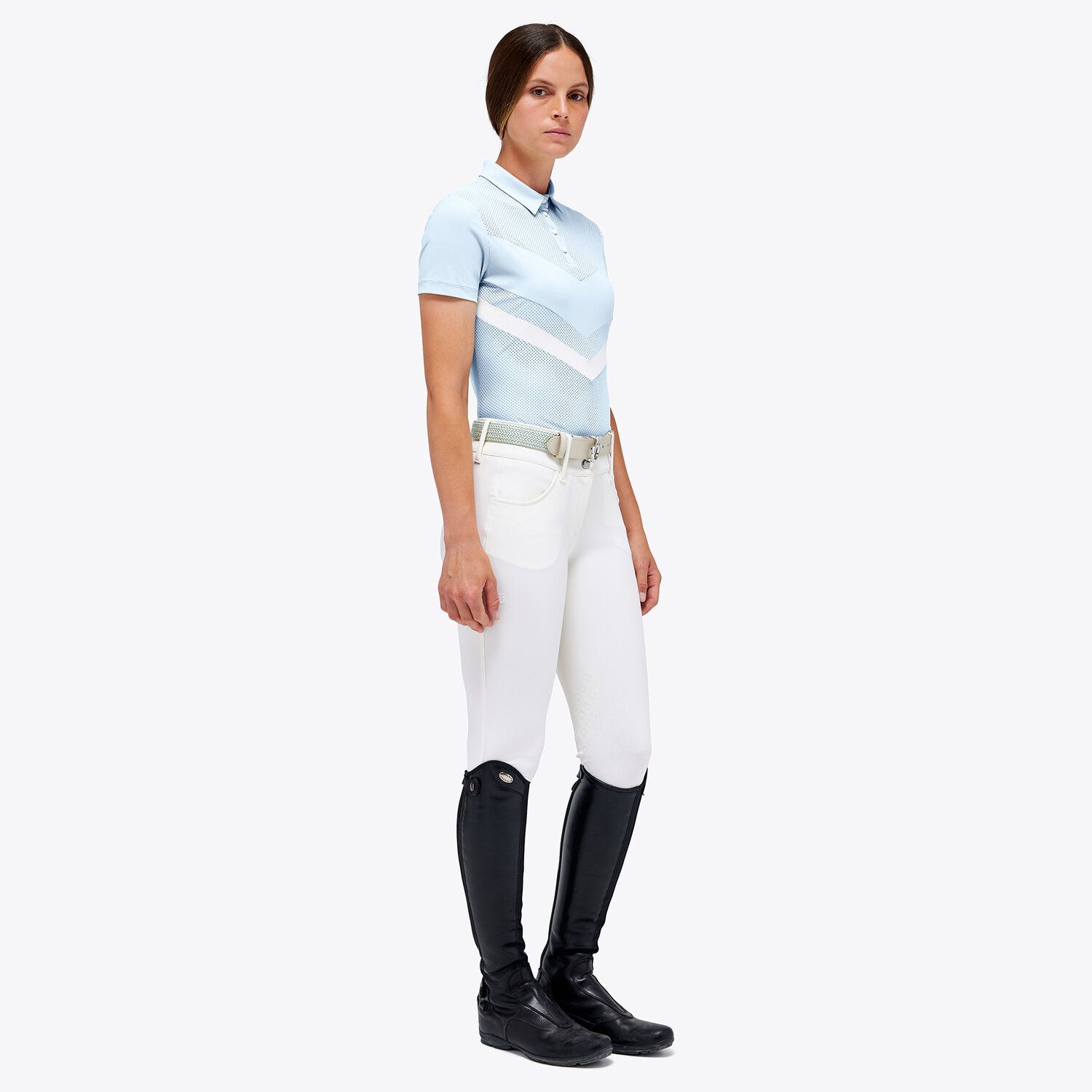 Polo de compétition de jersey perforé avec fermeture éclair et manches courtes bleu clair pour femme - Cavalleria Toscana