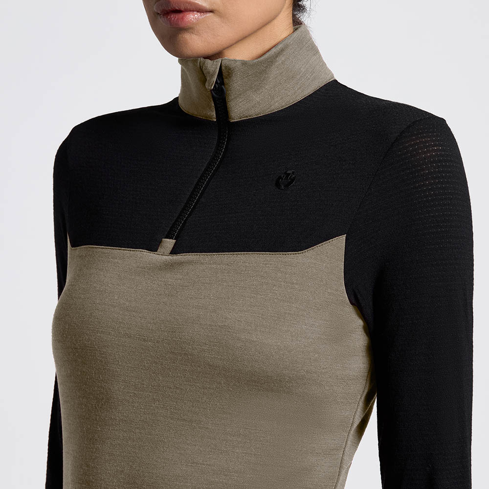 Polo technique d'entraînement vert et noir à manches longues avec col haut et media fermeture éclair pour femme - Cavalleria Toscana