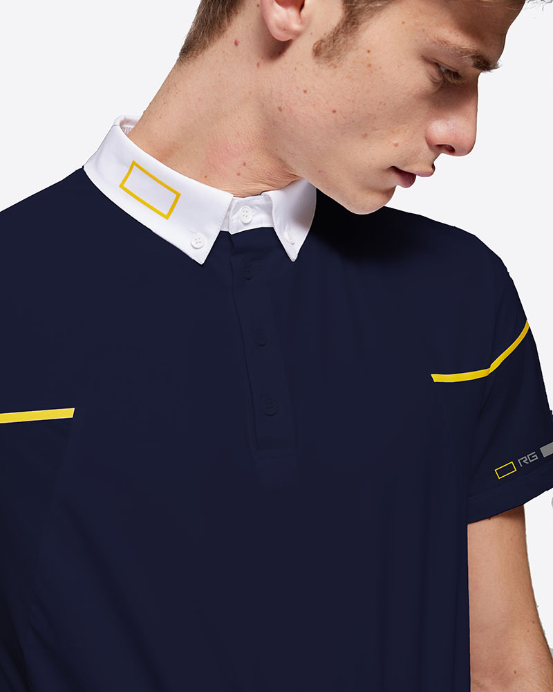 Polo de concurso de manga corta azul marino con corchetes ocultos para hombre - RG