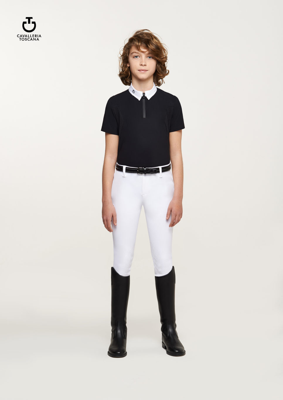 Short-sleeved black competition polo with mesh underarms for boy - Cavalleria Toscana