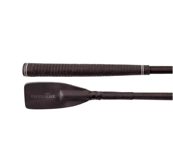 Black jumping crop (60cm) with rubber handle and leather flap - Premiere