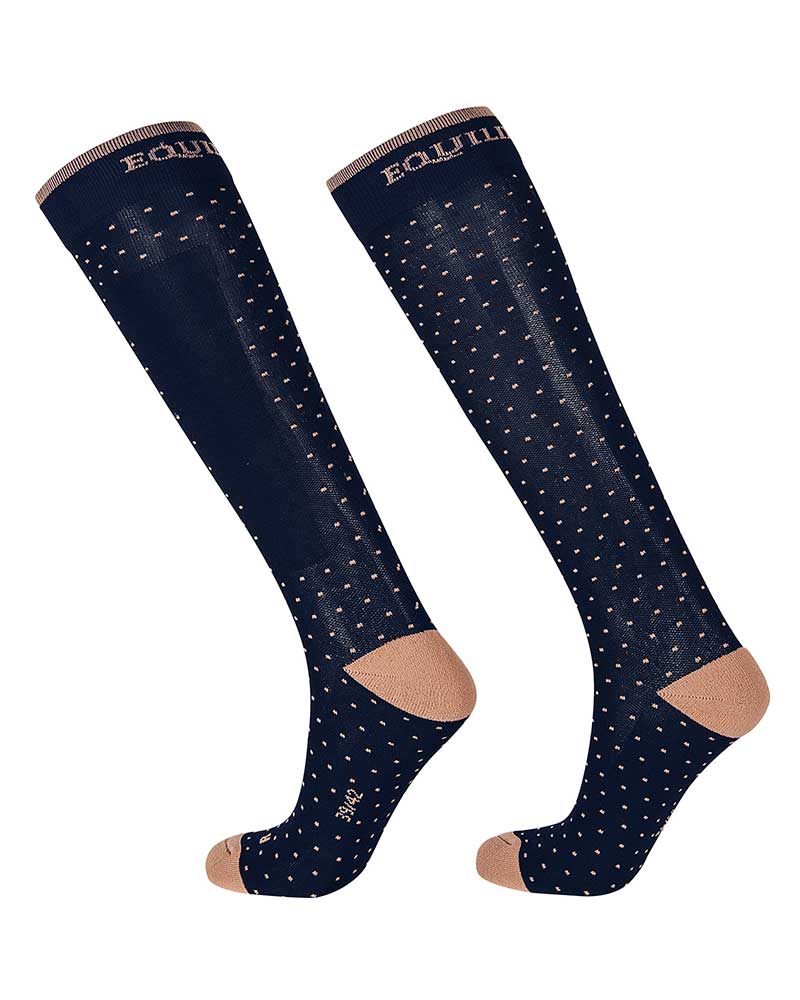 Chaussettes hautes fins bleu marine à pois marron clair Ravel - Equiline