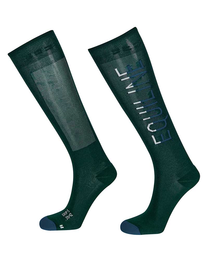Chaussettes hautes fins vert foncé avec firma en bleu marine et gris clair et grip à l'intérieur Thor - Equiline