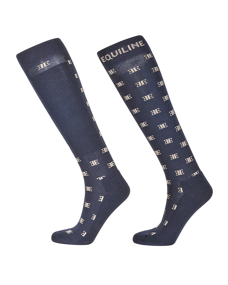 Chaussettes d'équitation hautes bleu marine avec logo beige Elinore - Equiline