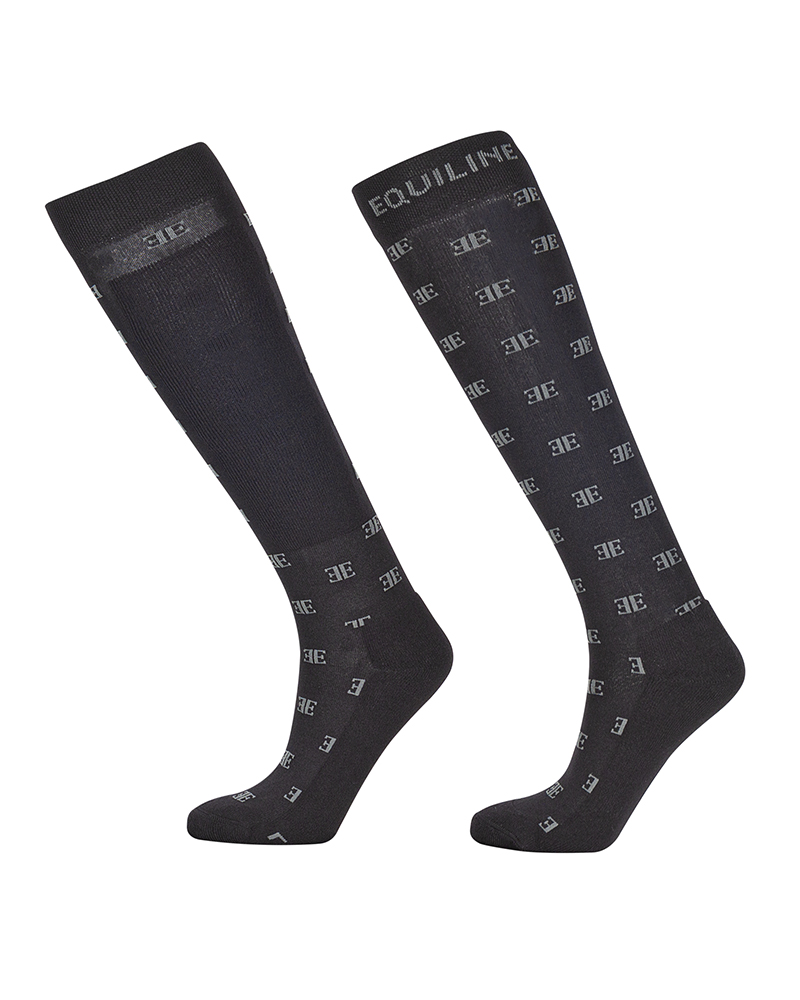 Chaussettes d'équitation hautes noires avec logo gris Elinore - Equiline