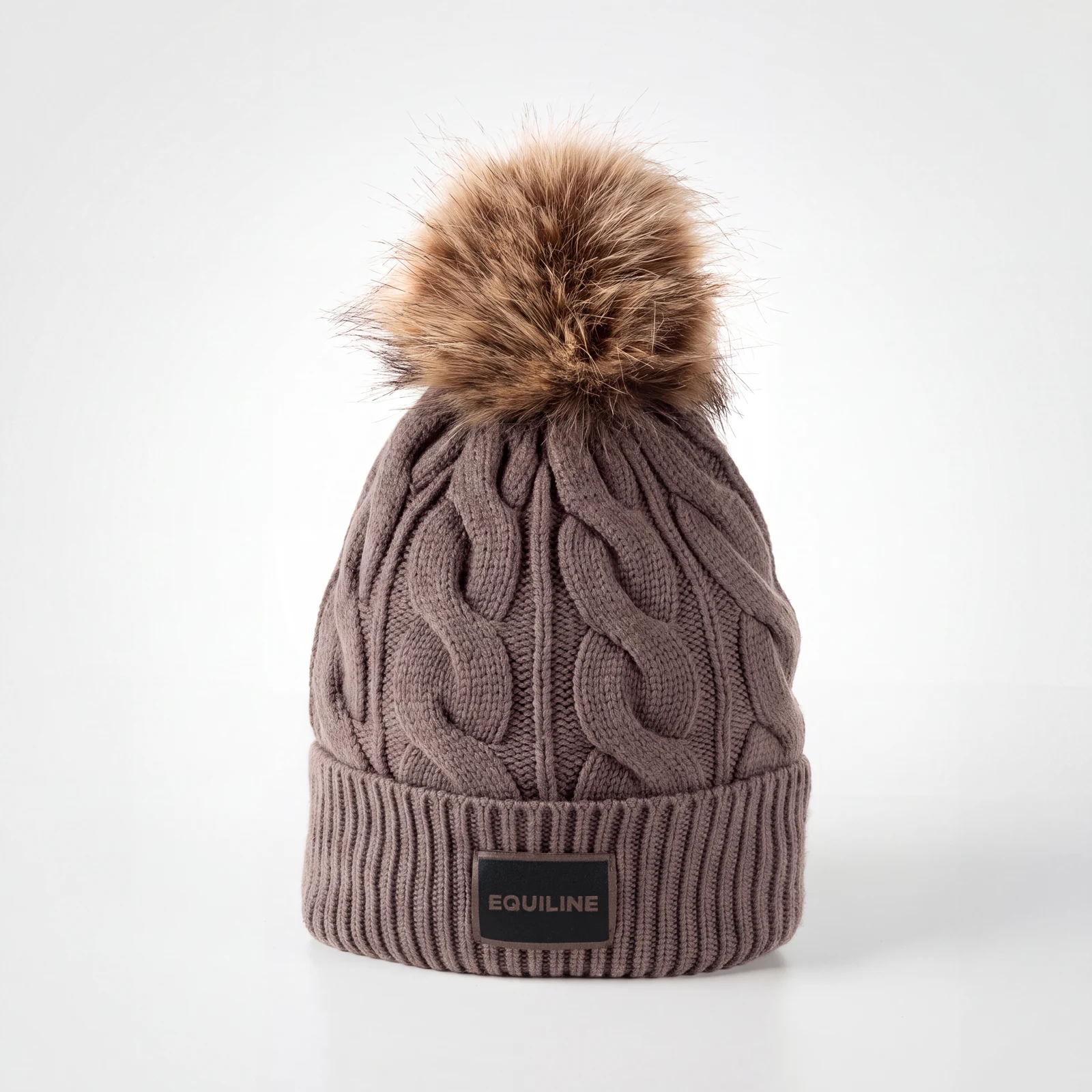 Bonnet en maille torsadée grège (Greige) à pompon pour femme EQGAT - Equiline