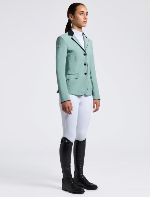 Veste de concours verte avec col Alcantara et passepoils en contraste sur les bords pour fille - GP - Cavalleria Toscana