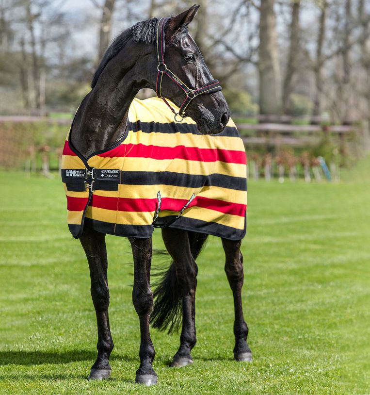 Yellow fleece horse rug with red and black stripes – Deluxe - Rambo