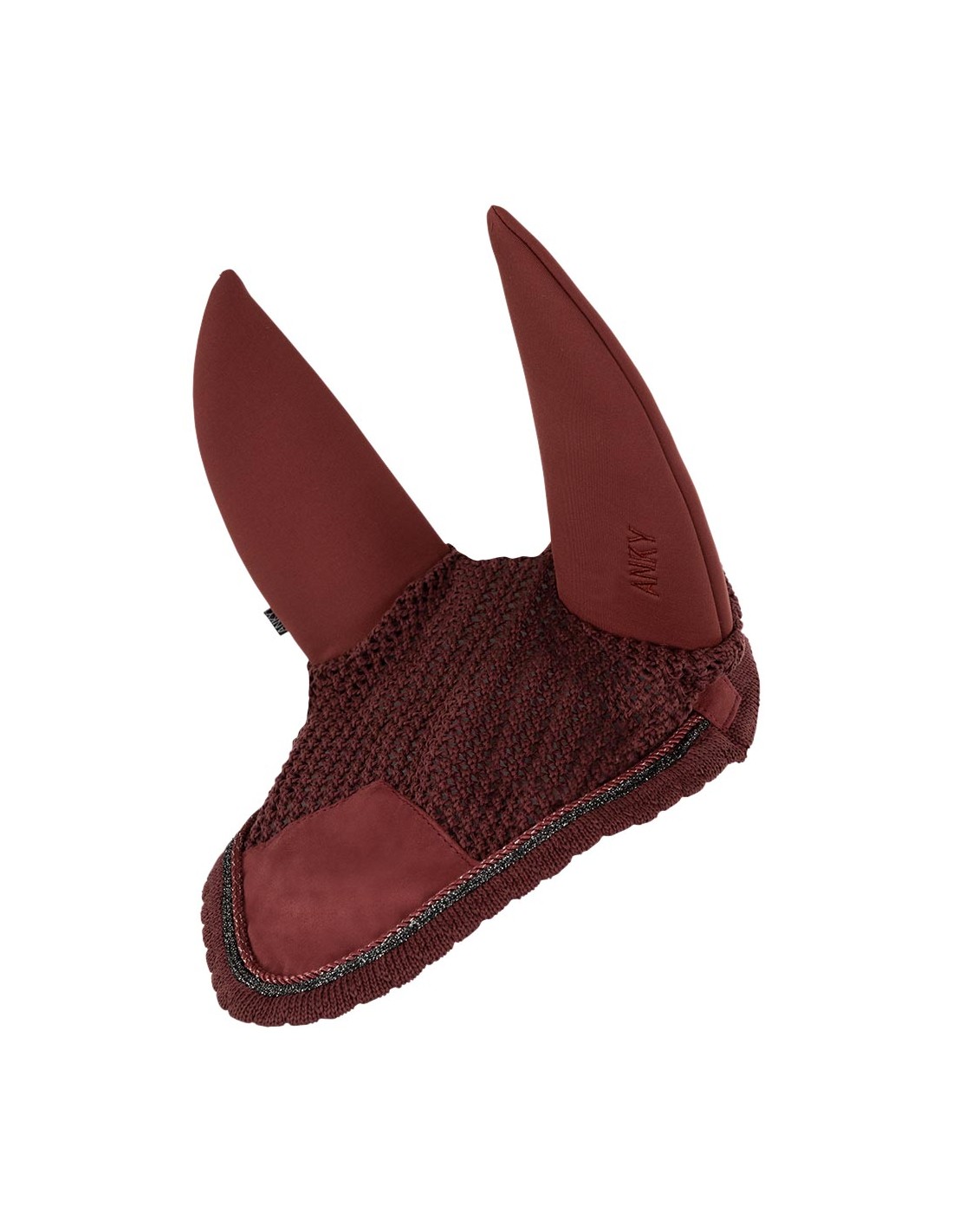 Burgundy earmuffs decorated with cords and anti-noise ears for horse and pony - Anky