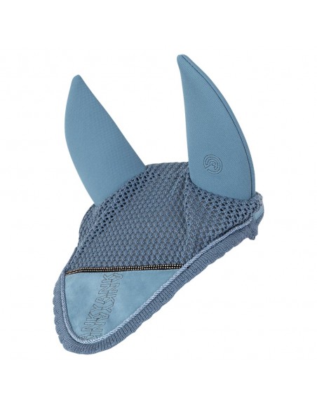 Bonnet bleu grisâtre décoré de cordons et strass avec oreilles anti-bruit pour cheval et poney - Anky