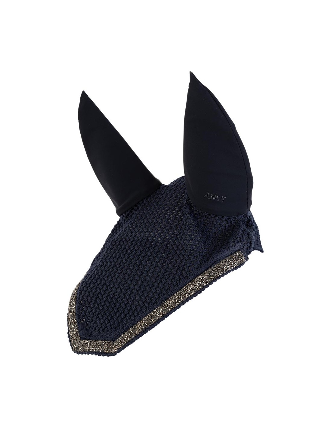 Navy blue crochet ear bonnet decorated with crystals and removable neoprene ears for horse - Anky