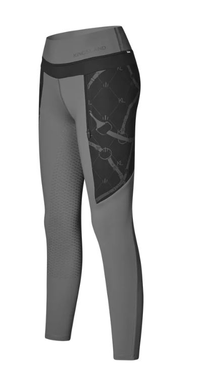 Grey winter riding tights for women (full grip) with equestrian side details and zip pocket KLVea - Kingsland