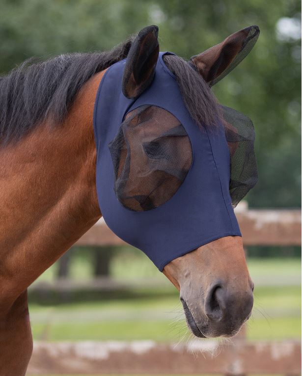 Navy Blue Breathable Lycra Fly Mask with Mesh Eyes and Earmuffs and Zipper - QHP