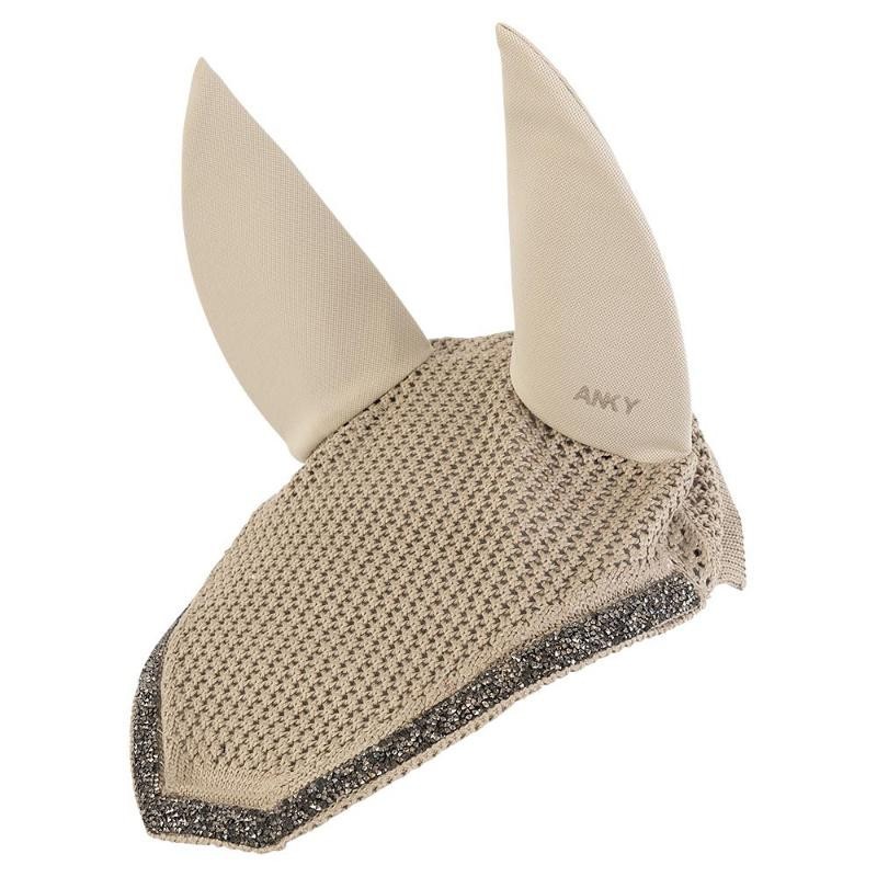Bonnet en crochet beige décoré de strass et oreilles en néoprène amovibles pour cheval - Anky