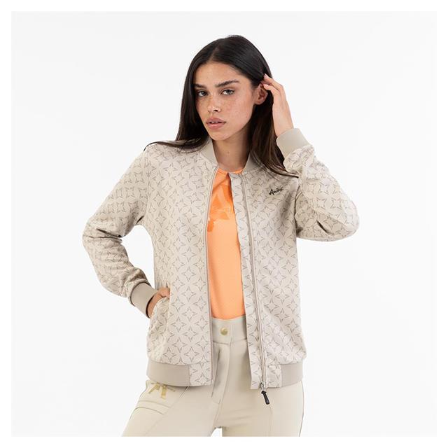 Lightweight beige bomber jacket with print and soft ribbed collar and cuffs for women - Anky