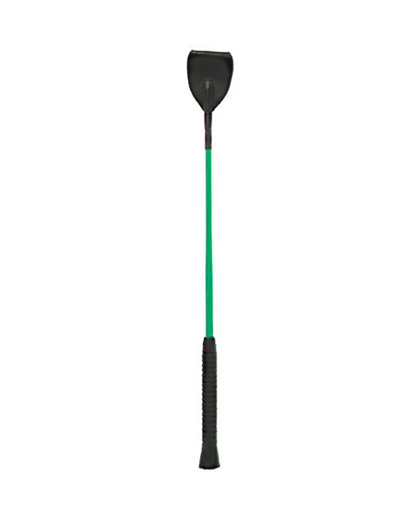 Cravache d'obstacle noir (60cm) à manche plastique et languette en cuir vert - Hispano Hípica