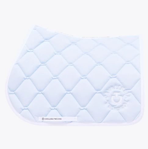 Sudadero de salto azul polvo con bordado de la marca blanco para caballo y pony Orbit Quilted - Cavalleria Toscana