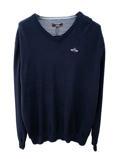 Jersey fino de punto azul marino con coderas beige para hombre Bailey - HV Polo