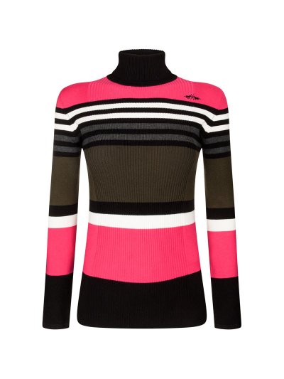 Fine knit high-neck sweater with fuchsia and black striped design for women Ofelia - HV Polo