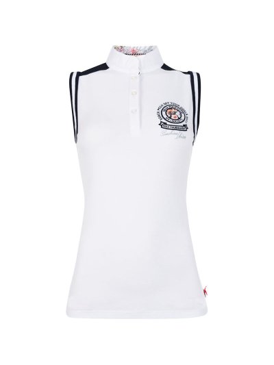 Polo de concurso blanco con hombros de rejilla azul marino y sin mangas de mujer modelo Lori - HV Polo