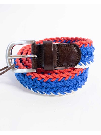 Cinturón azul, rojo y blanco trenzado con acabado en cuero marrón oscuro - HV Polo