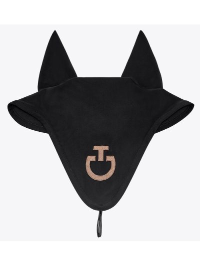 Bonnet long anti-bruit noir avec logo brodé marron clair pour cheval - Cavalleria Toscana